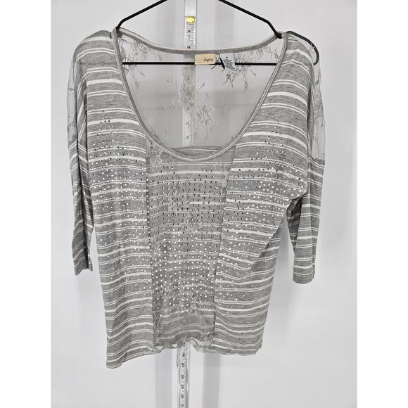 Daytrip Womens Sz M Half Sleeve Semi Sheer Blouse Silver White Rhinestones Lace - Picture 1 of 4